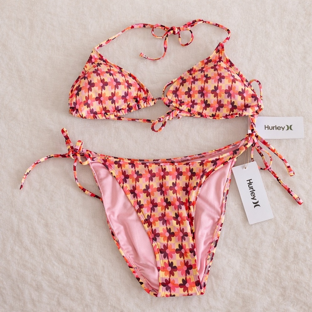 HURLEY Floral Triangle Bikini Set Side Tie Swimwear Size Large